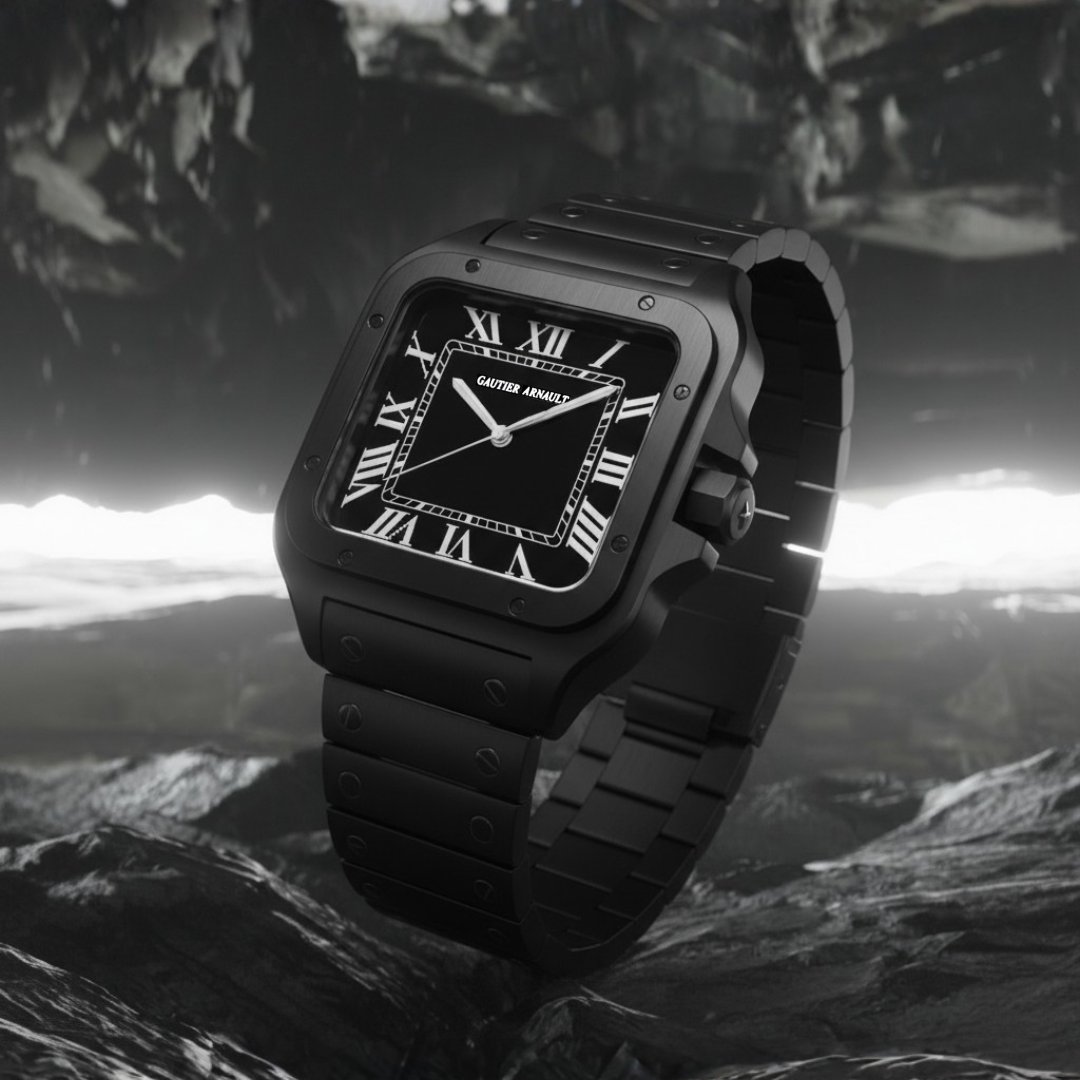 Black Cartier watch against a mountainous landscape